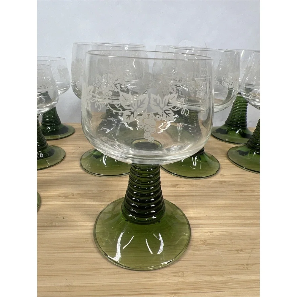 Vintage Beehive Stem Etched Wine Goblets Green Stem‎ Mixed Set of 14